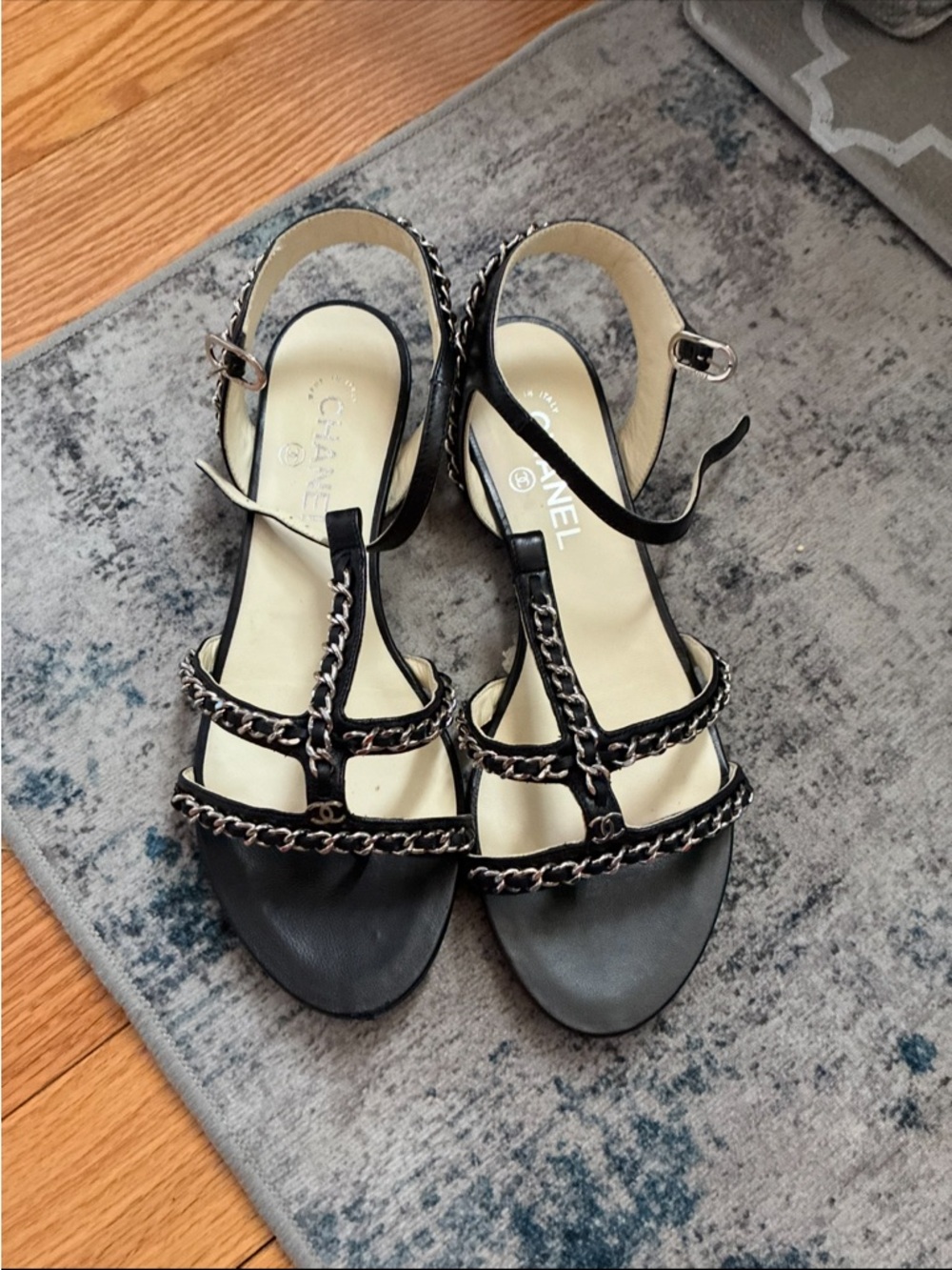 CHANEL Black Leather Chain-Trim Slingback Sandals